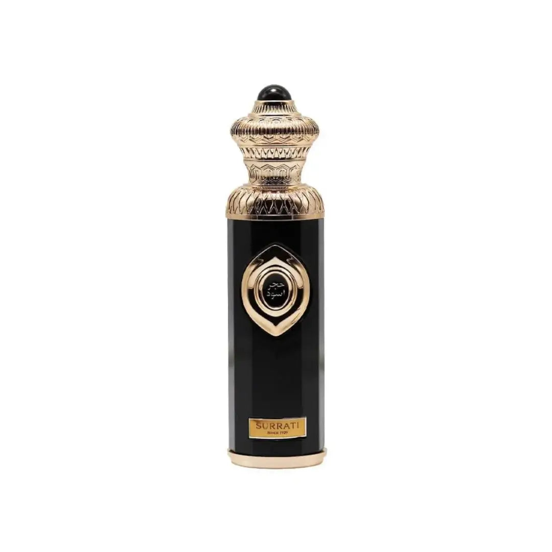 'Hajar Al Aswad' perfume bottle on a white background with 'Surrati' branding