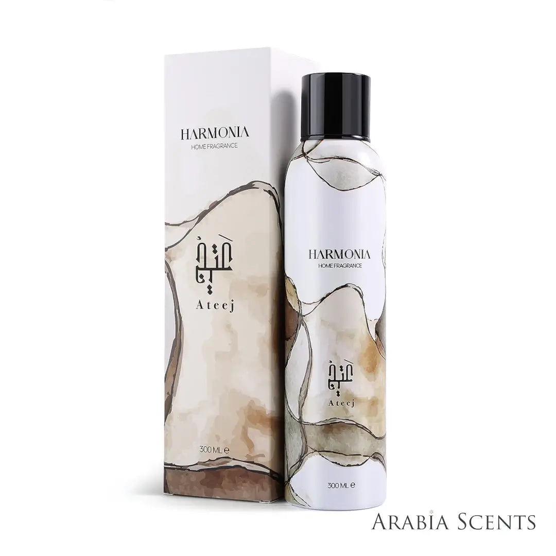 'Harmonia' home fragrance spray bottle & packaging on a white background with 'Ateej' branding featured by 'Arabiascents'