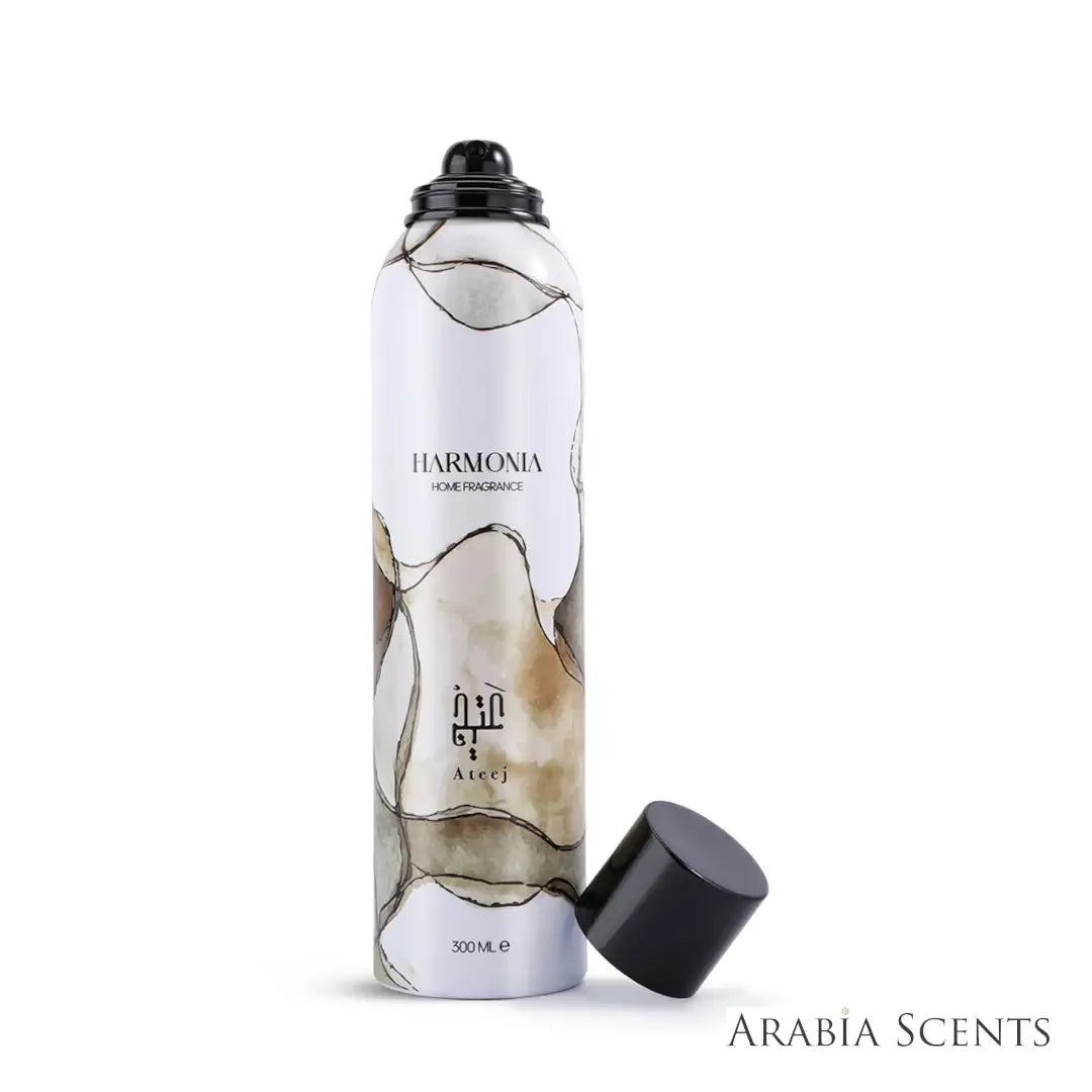 'Harmonia' home fragrance spray bottle on a white background with 'Ateej' branding featured by 'Arabiascents'