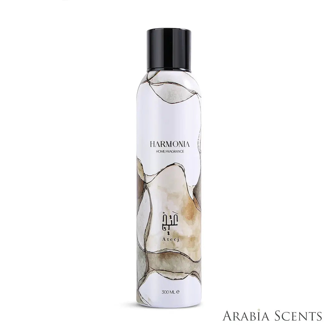 'Harmonia' home fragrance spray bottle on a white background with 'Ateej' branding featured by 'Arabiascents'