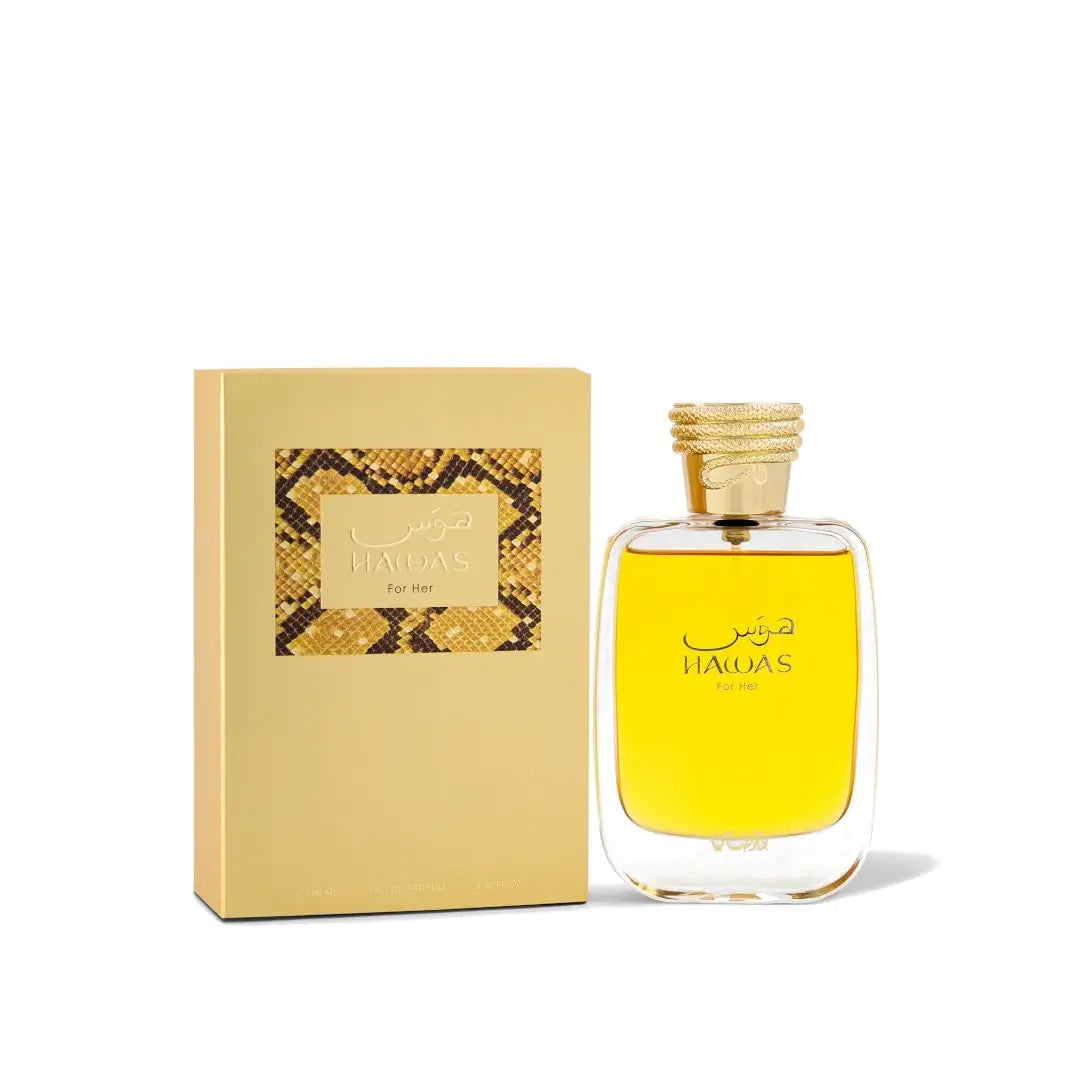 HAWAS For Her by Rasasi perfume bottle and packaging on a white background