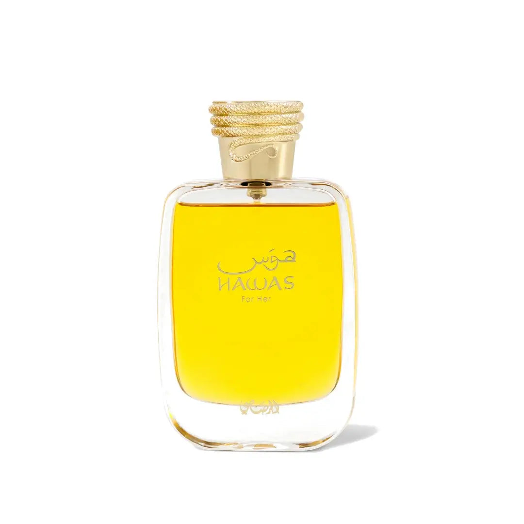 HAWAS For Her by Rasasi perfume bottle and packaging on a white background