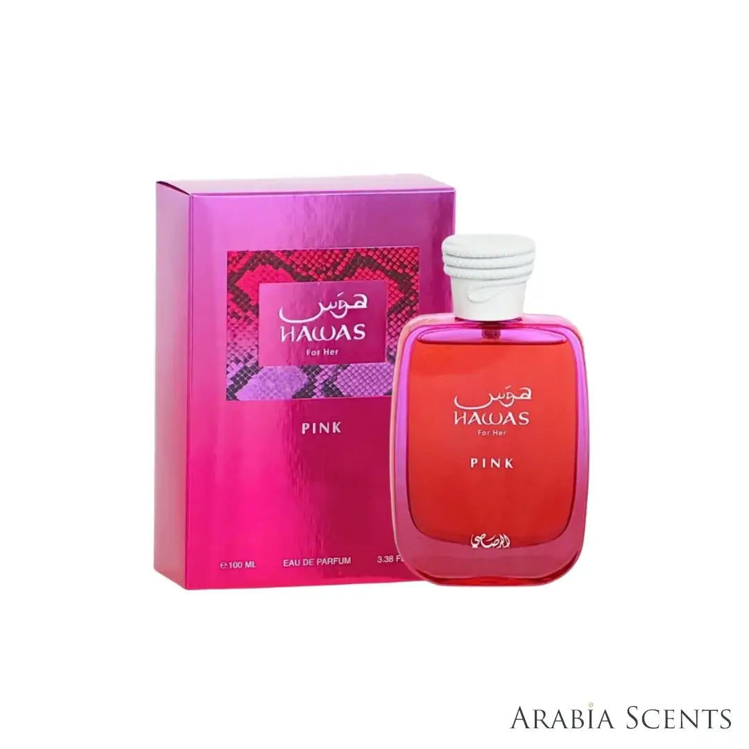 'Hawas For Her Pink' perfume bottle & packaging on a white background with 'Rasasi' branding featured by 'Arabiascents'