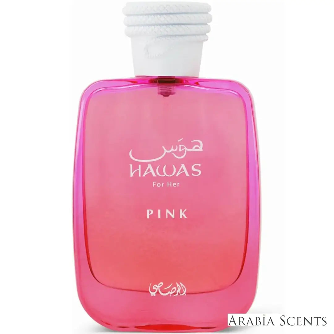 'Hawas For Her Pink' perfume bottle on a white background with 'Rasasi' branding featured by 'Arabiascents'