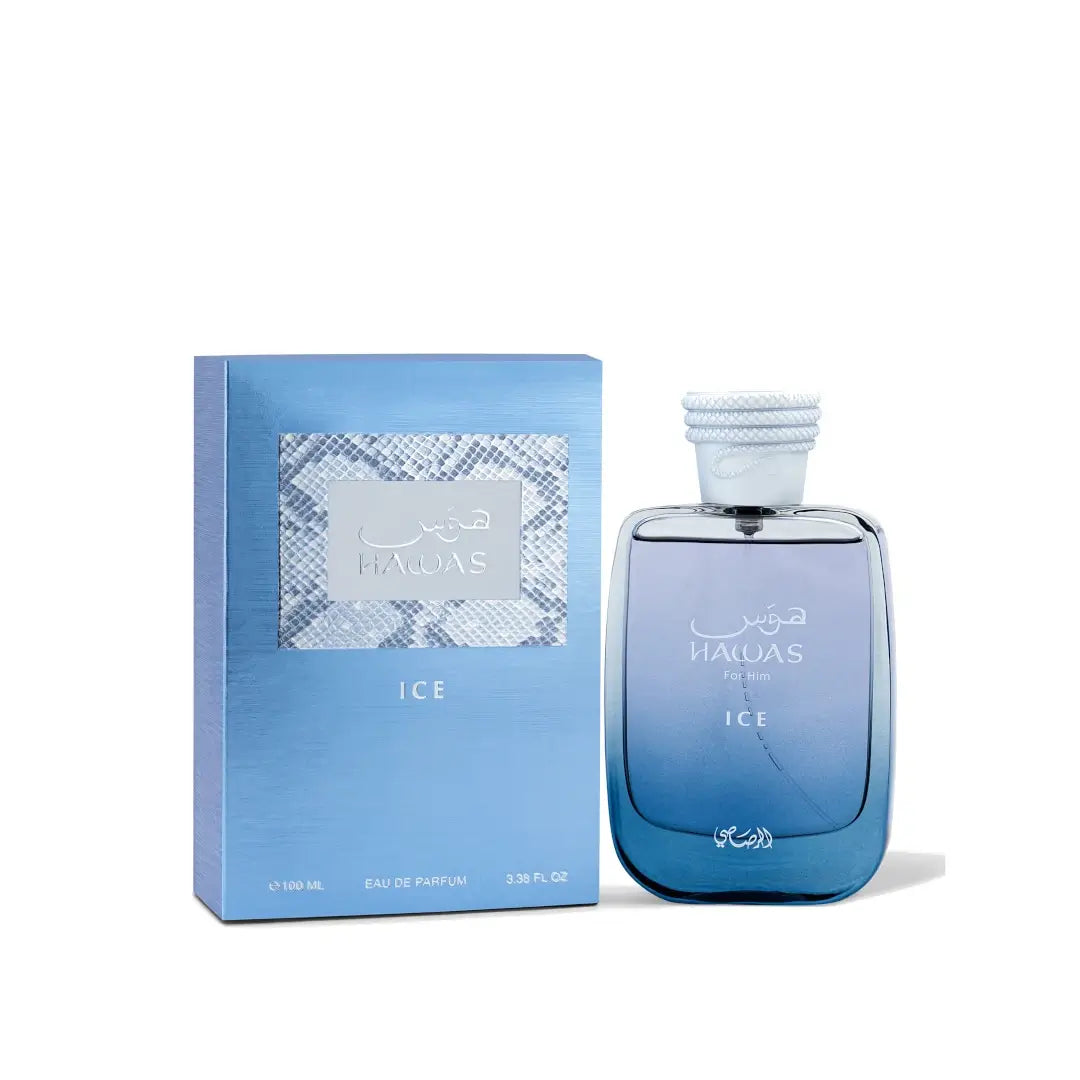 HAWAS ICE by Rasasi perfume bottle and packaging on a white background
