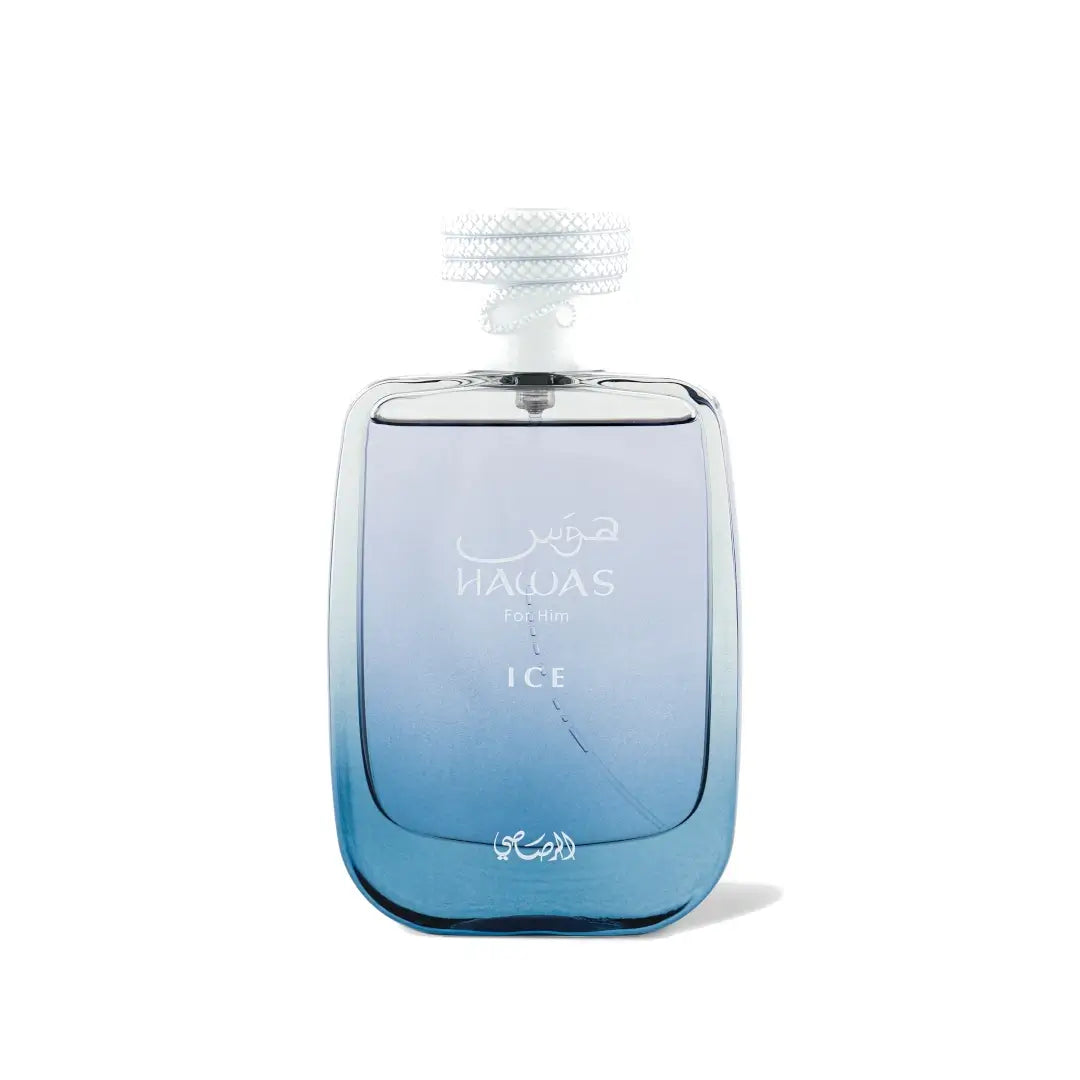 HAWAS ICE by Rasasi perfume bottle and packaging on a white background