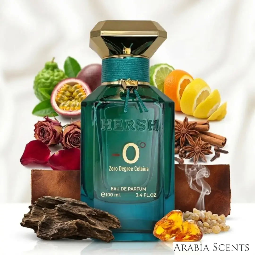 'Hersh Zero Degree Celsius' perfume bottle with notes on a white background with 'Al Ezz Oud' branding featured by 'Arabiascents'