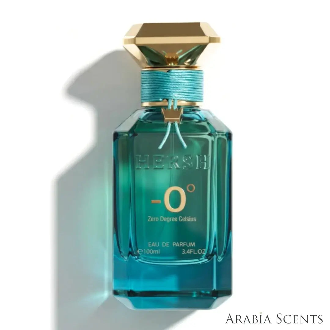 'Hersh Zero Degree Celsius' perfume bottle on a white background with 'Al Ezz Oud' branding featured by 'Arabiascents'