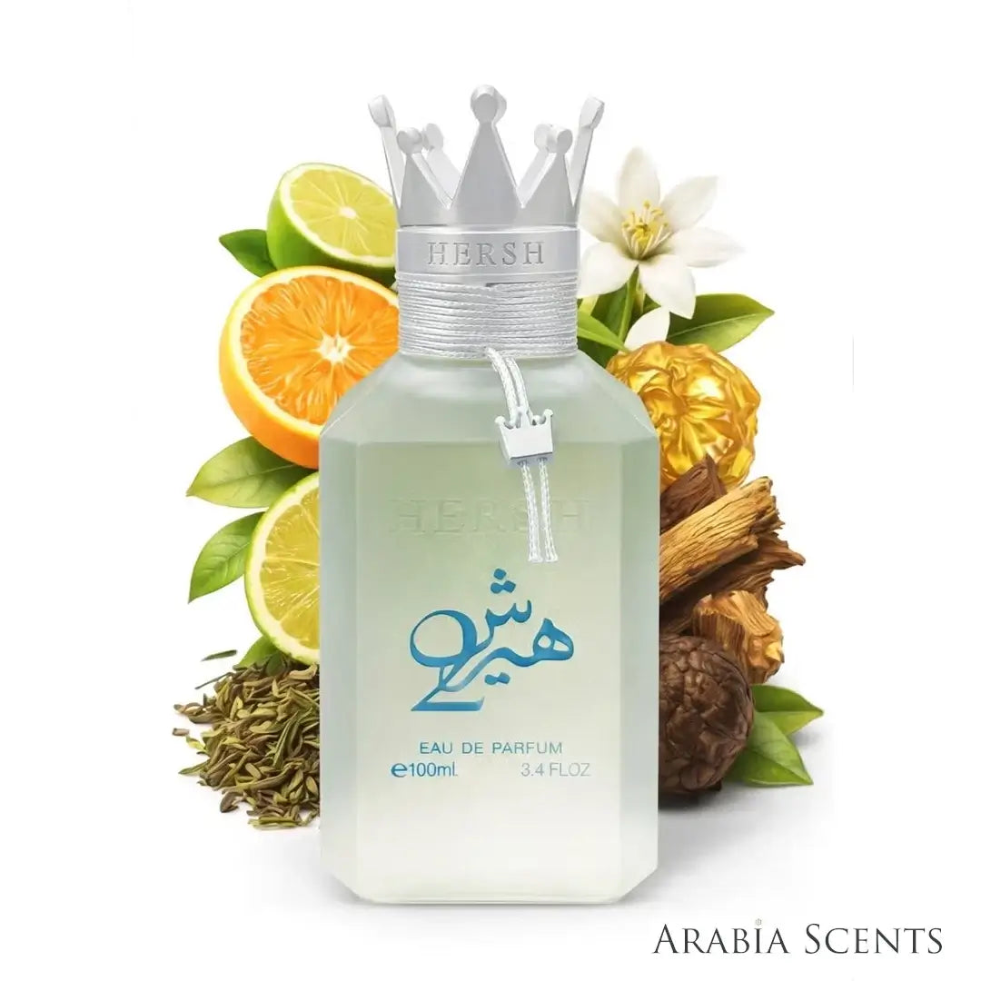 'Hersh 2' Perfume bottle with citrus fruits, flowers, and dried herbs with Al Ezz Oud branding on a white background featured by 'ArabiaScents'