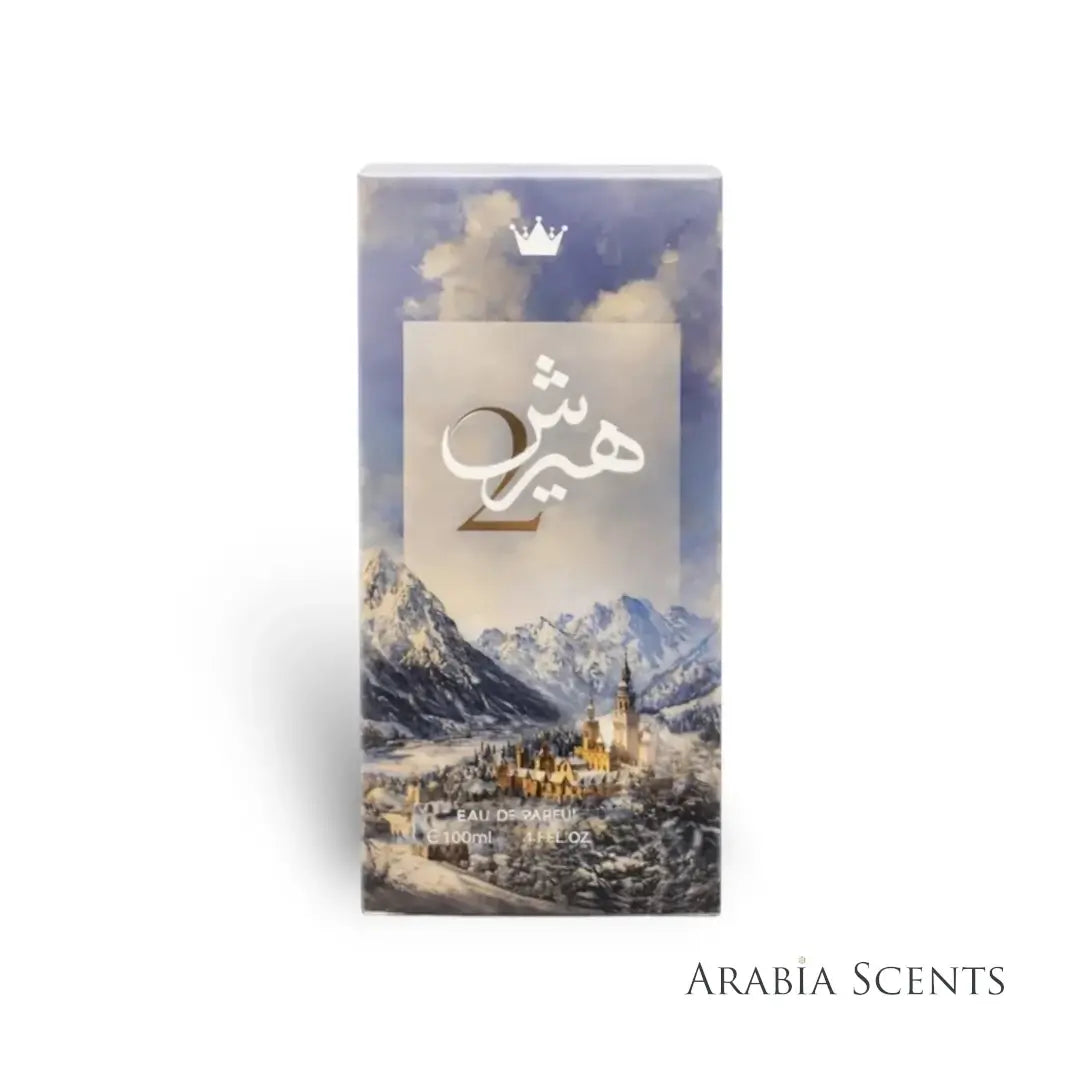 'Hersh 2' perfume packaging with mountain and cityscape design, featuring by 'ArabiaScents'