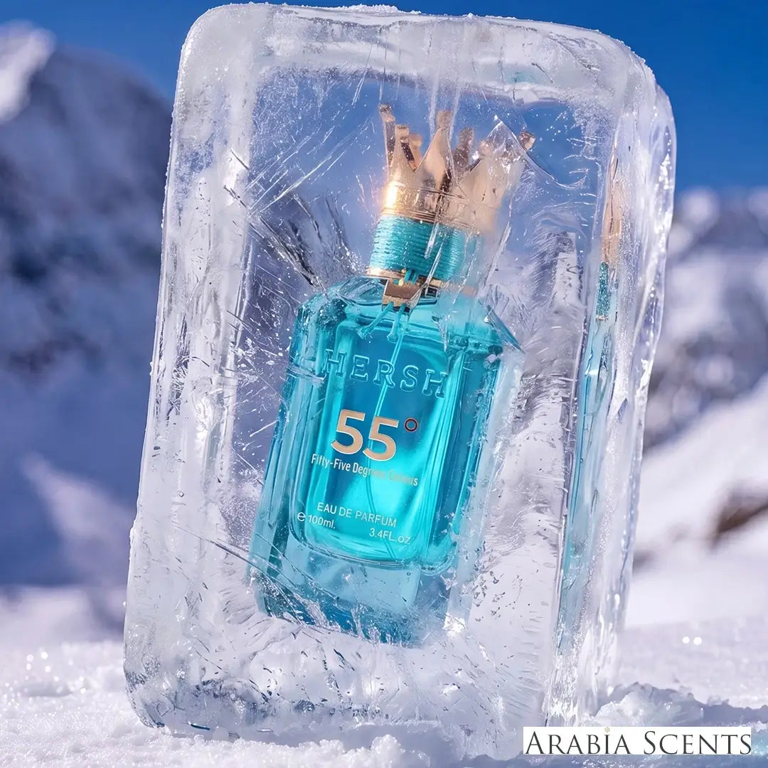 'Hersh 55 Degrees Celsius' perfume bottle with 'Al Ezz Oud' branding featured by 'Arabiascents'