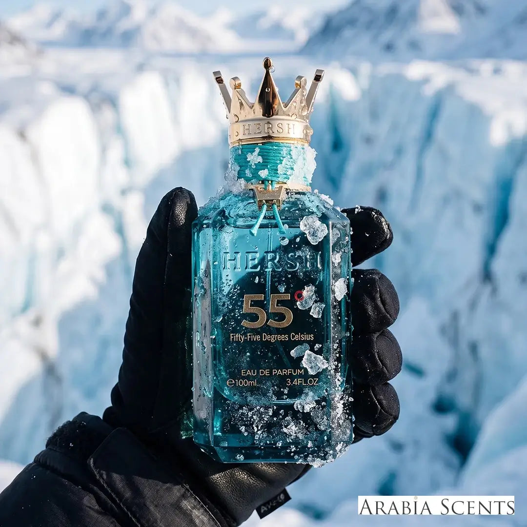 'Hersh 55 Degrees Celsius' perfume bottle with 'Al Ezz Oud' branding featured by 'Arabiascents'