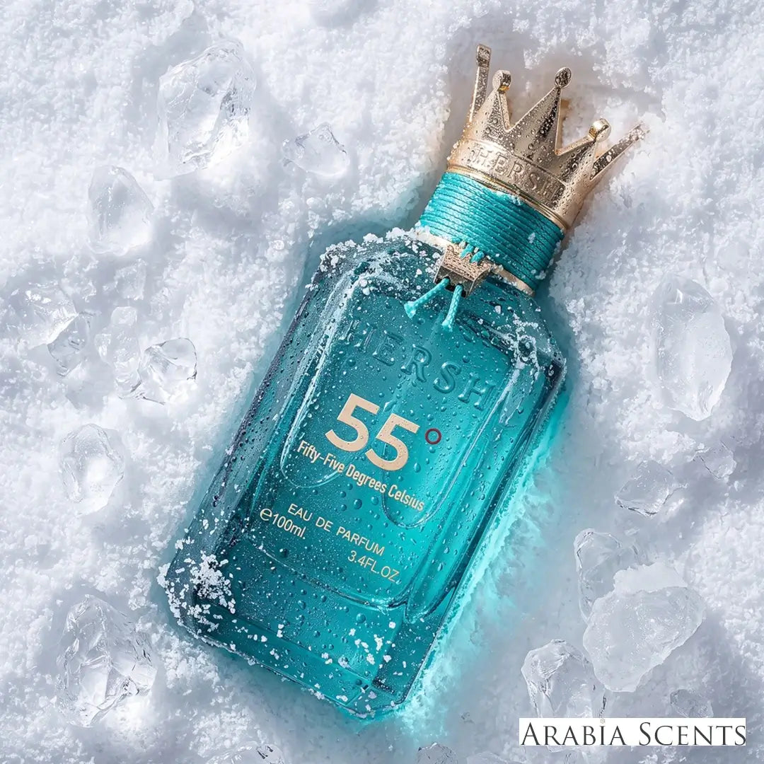 'Hersh 55 Degrees Celsius' perfume bottle with 'Al Ezz Oud' branding featured by 'Arabiascents'