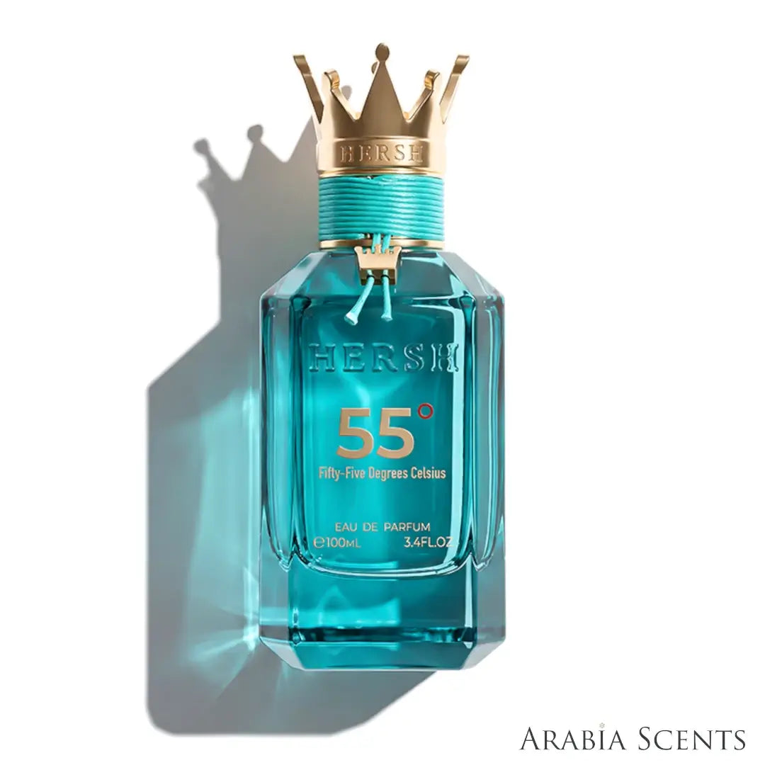'Hersh 55 Degrees Celsius' perfume bottle on a white background with 'Al Ezz Oud' branding featured by 'Arabiascents'