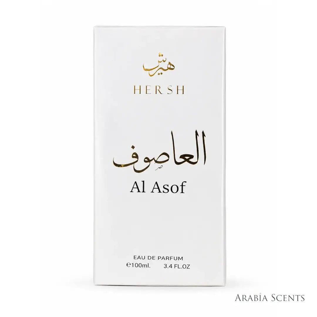 'Al Asof' perfume packaging on a white background with 'Al Ezz Oud' branding featured by 'Arabiascents'
