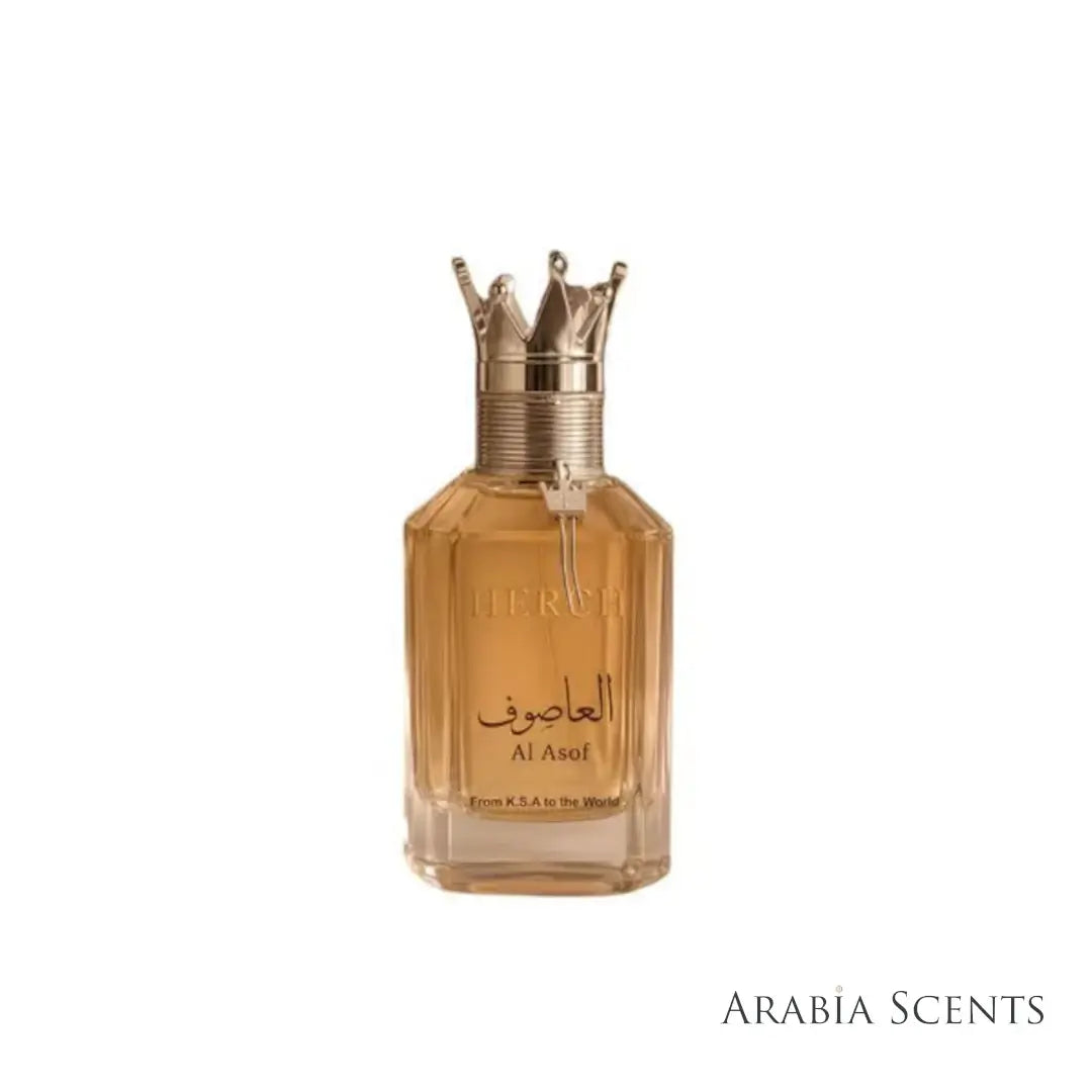 'Al Asof' perfume bottle on a white background with 'Al Ezz Oud' branding featured by 'Arabiascents'
