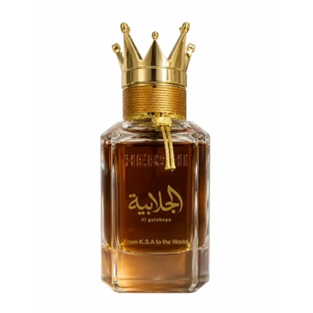 'Hersh Al Galabeya' perfume bottle on a white background with 'Al Ezz Oud' branding featured by 'Arabiascents'