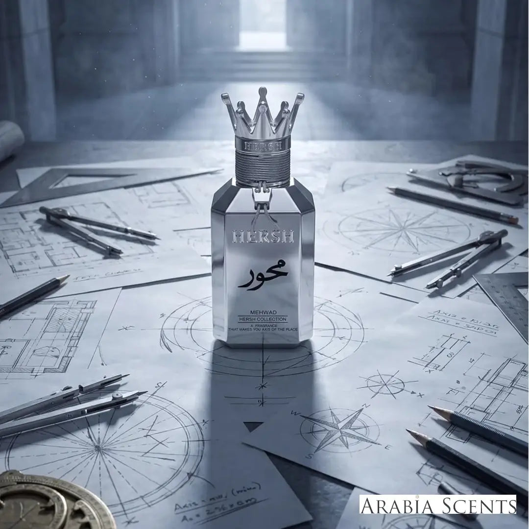 'Hersh Mehwar Silver' perfume bottle with 'Al Ezz Oud' branding featured by 'Arabiascents' 