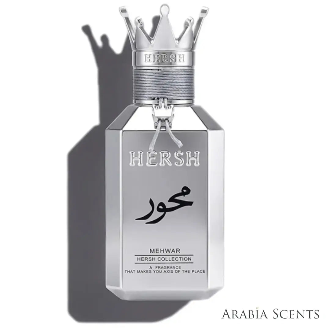 'Hersh Mehwar Silver' perfume bottle on a white background with 'Al Ezz Oud' branding featured by 'Arabiascents' 
