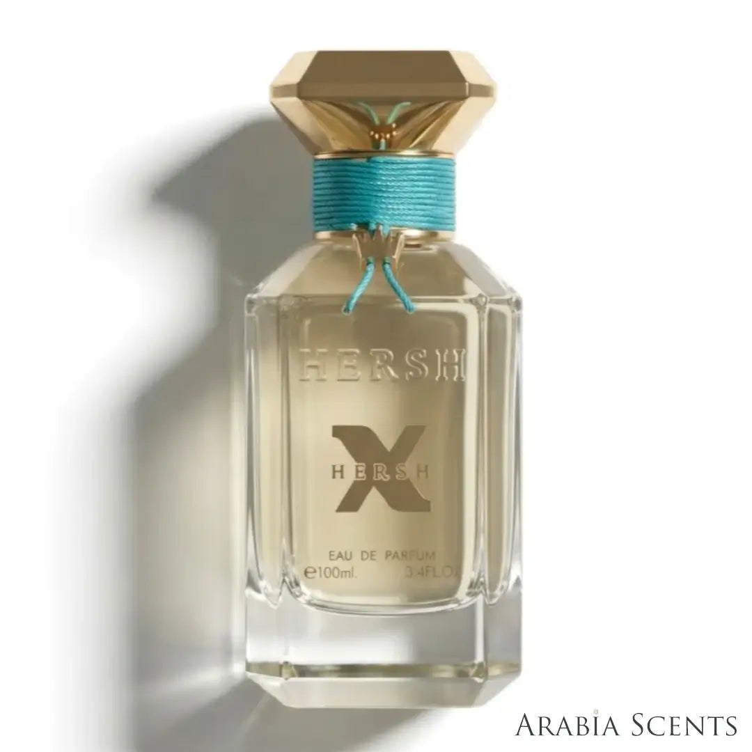 'Hersh X' perfume bottle on a white background with 'Al Ezz Oud' branding Featured by 'Arabiascents'