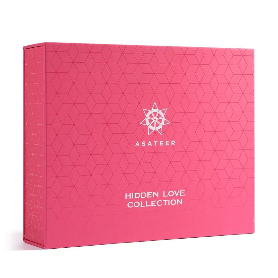 'Hidden Love Collection' Pink packaging box with geometric pattern and 'Asateer' branding on a white background