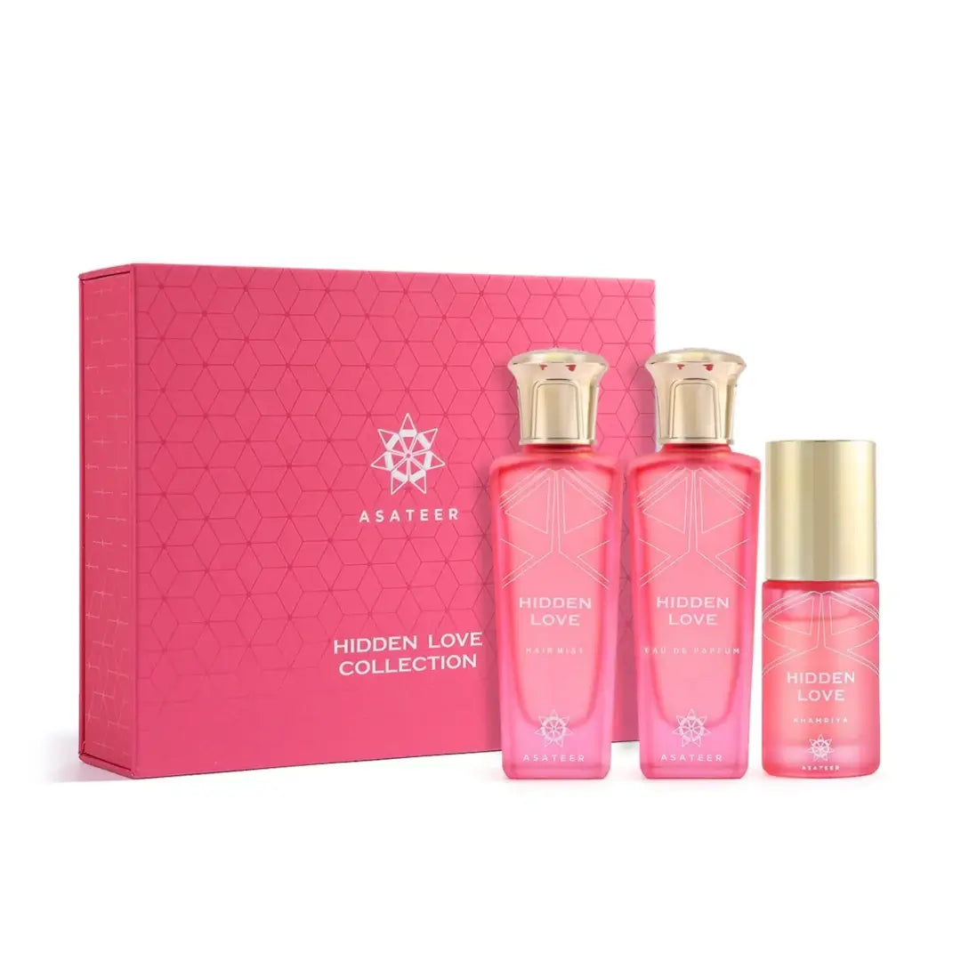 Asateer Hidden Love Collection with three pink bottles and a pink box on a white background