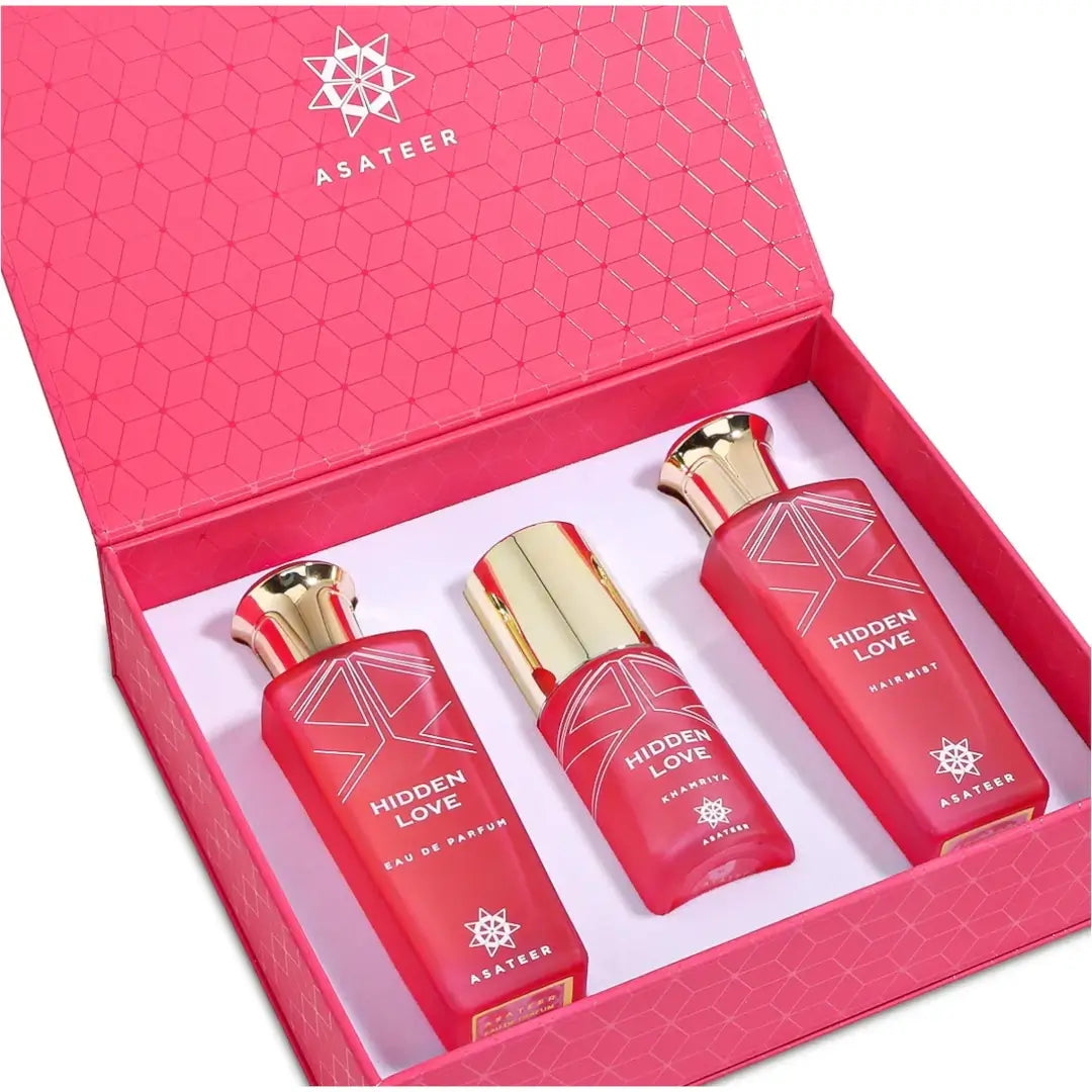 'Hidden Love' red perfume bottles with gold caps in a pink box, featuring the brand 'ASATEER'.