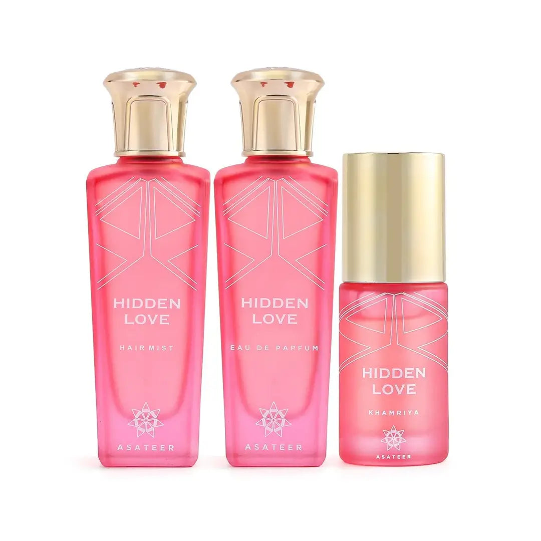 Three 'Hidden Love' perfume bottles of different sizes on a white background branded Asateer