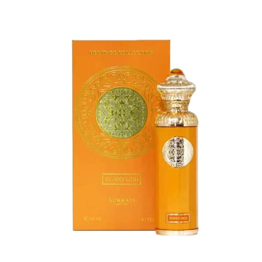 'Honey Oud' perfume bottle & packaging on a white background with 'Surrati' branding