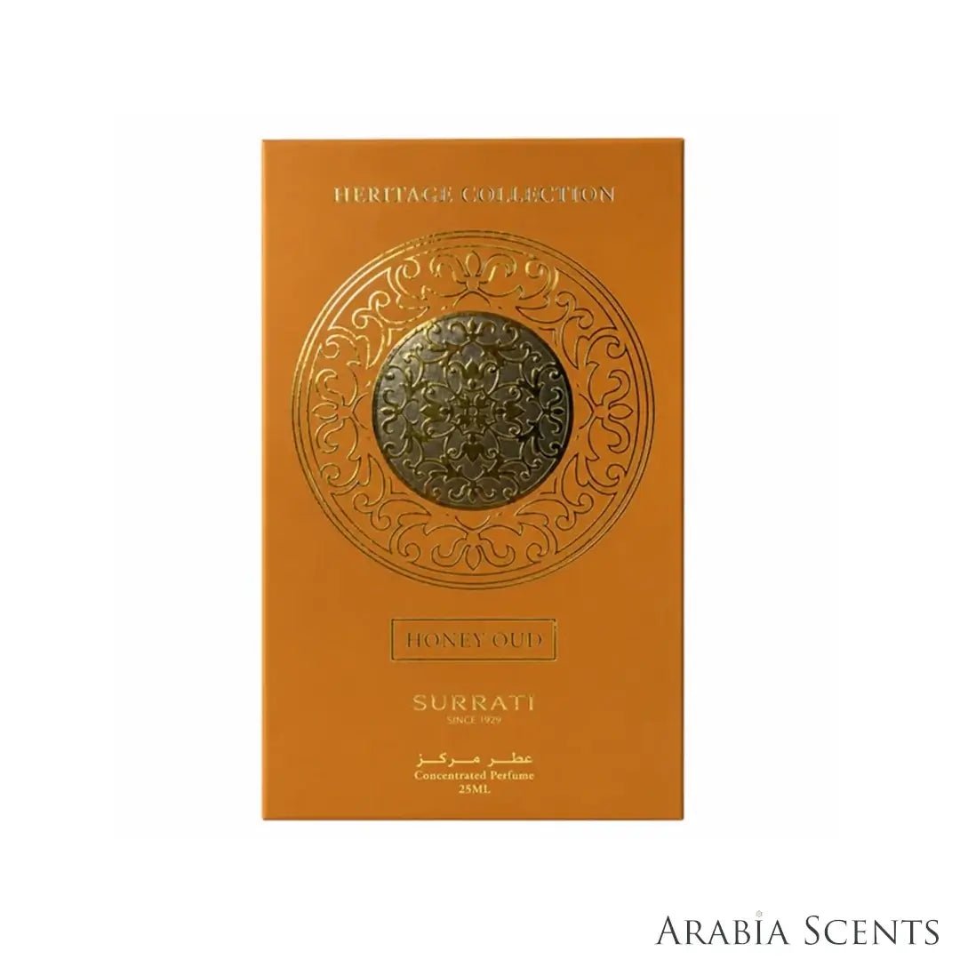 'Honey Oud' perfume oil packaging on a white background with 'Surrati' branding featured by 'Arabiascents'