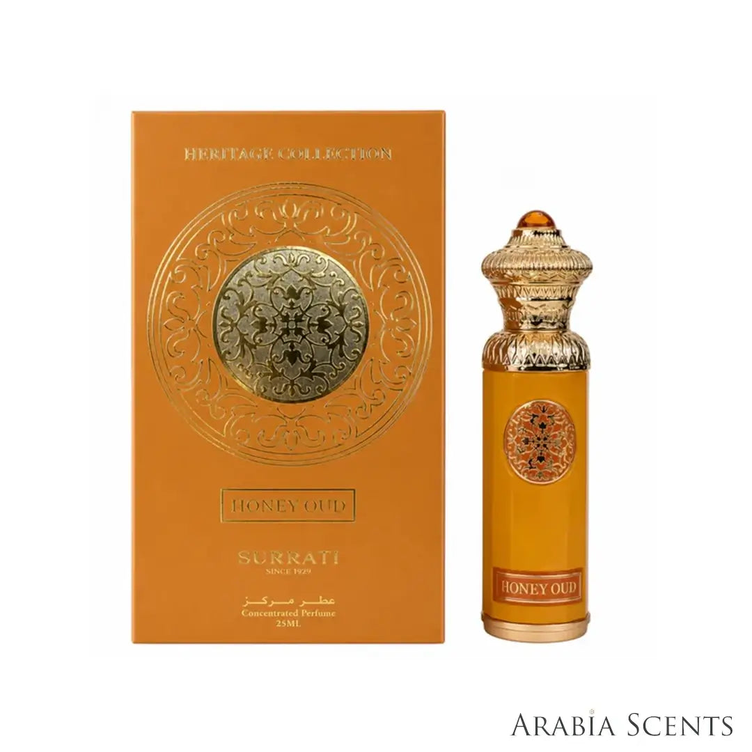 'Honey Oud' perfume oil bottle & packaging on a white background with 'Surrati' branding featured by 'Arabiascents'