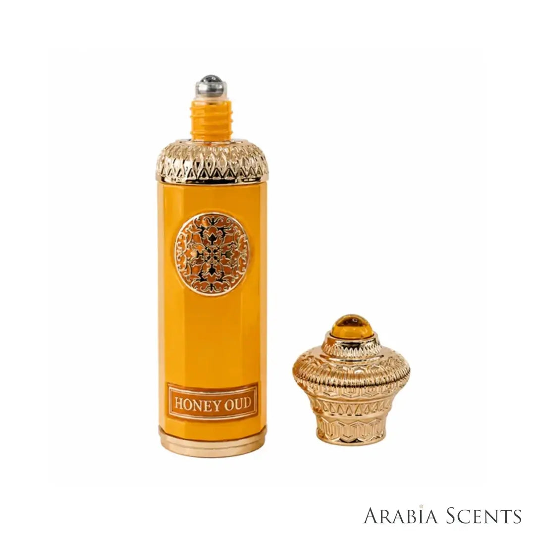 'Honey Oud' perfume oil bottle on a white background with 'Surrati' branding featured by 'Arabiascents'