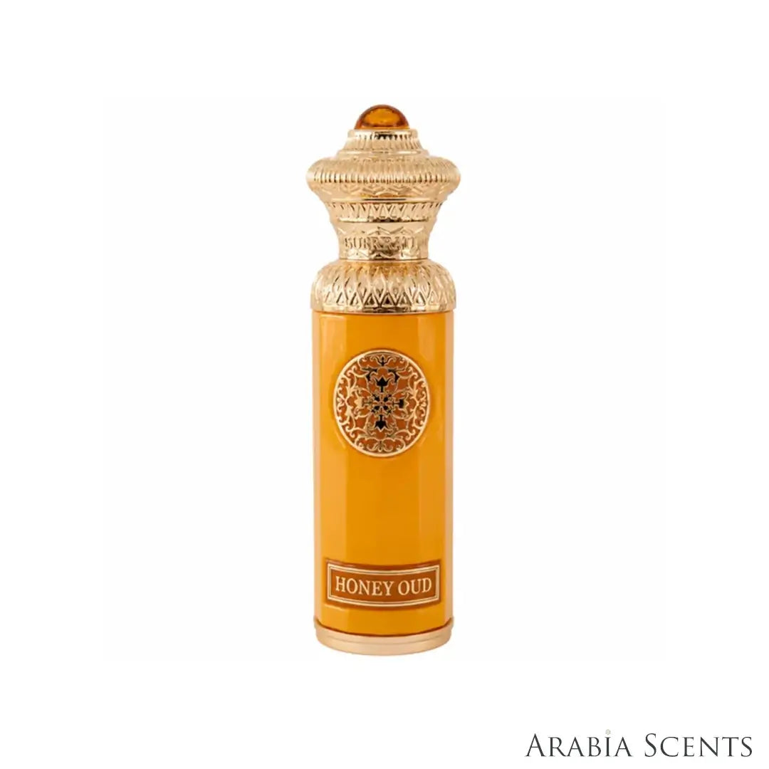 'Honey Oud' perfume oil bottle on a white background with 'Surrati' branding featured by 'Arabiascents'