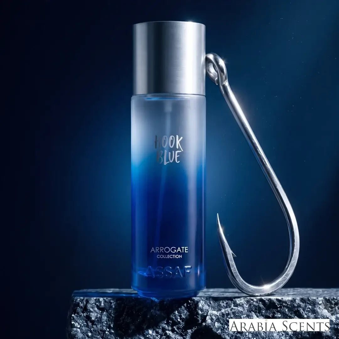 'Hook Blue' perfume bottle with 'Assaf' branding featured by 'Arabiascents'