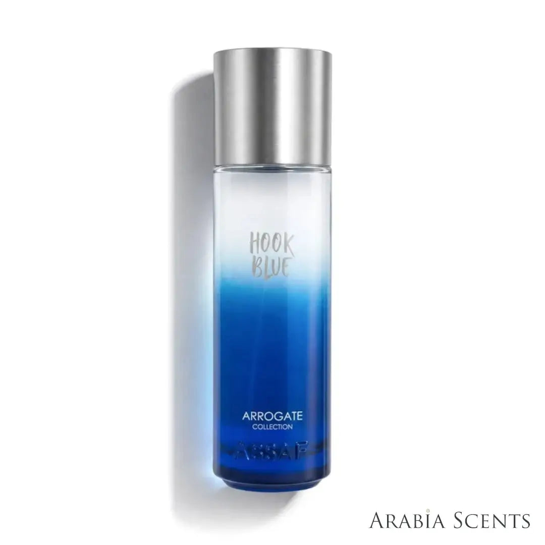 'Hook Blue' perfume bottle on a white background with 'Assaf' branding featured by 'Arabiascents'