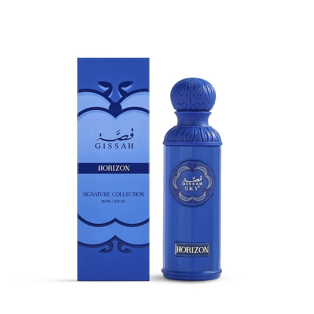 Blue perfume bottle and packaging with 'Horizon' label on a white background branded Gissah