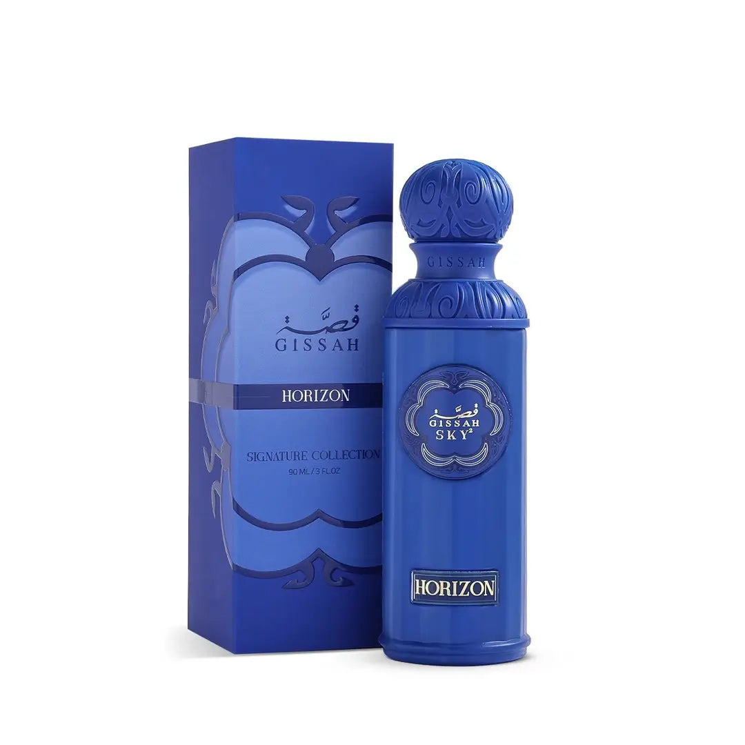 Blue perfume bottle and packaging with 'Horizon' label on a white background branded issah