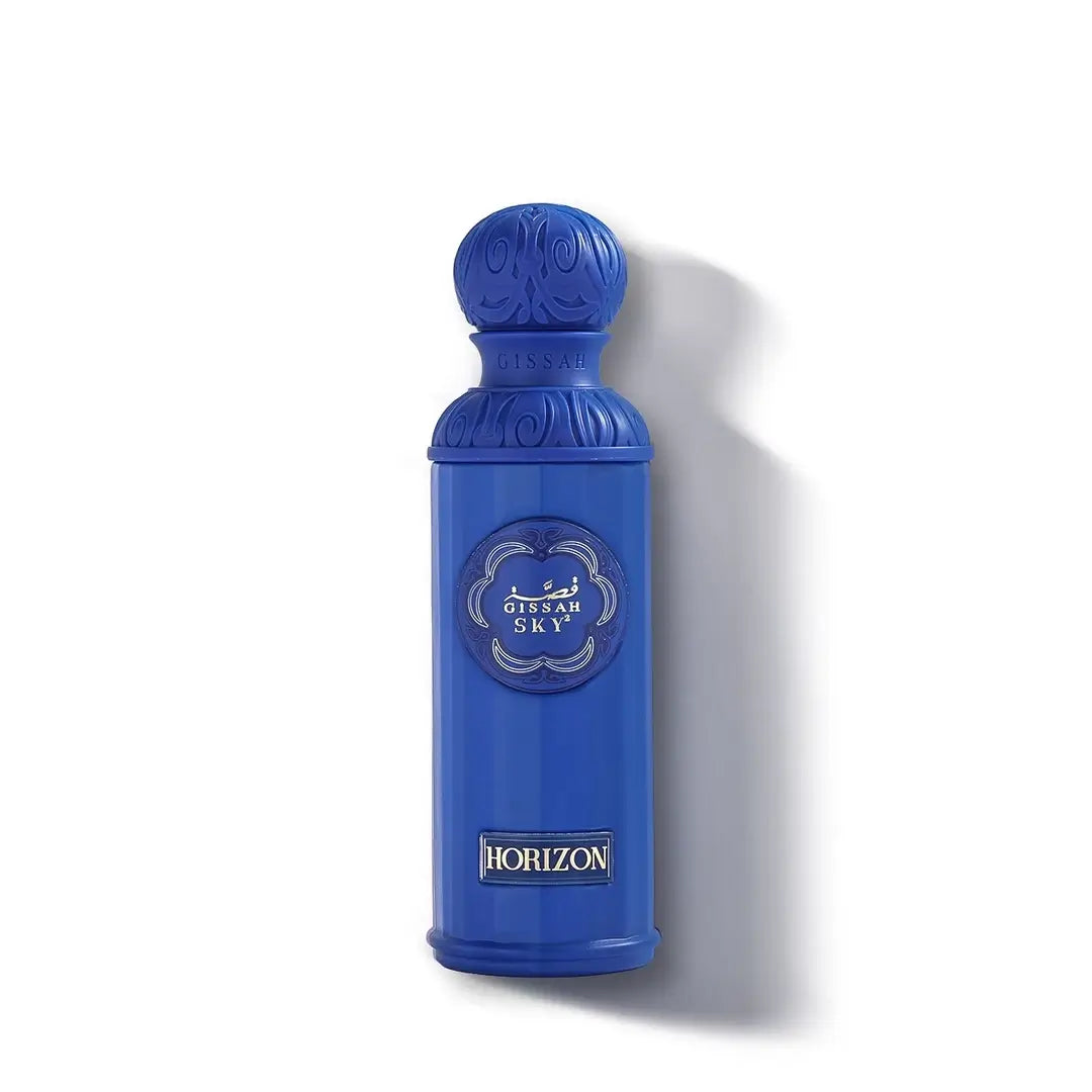 Blue perfume bottle labeled 'Horizon' on a white background with Gissah branding
