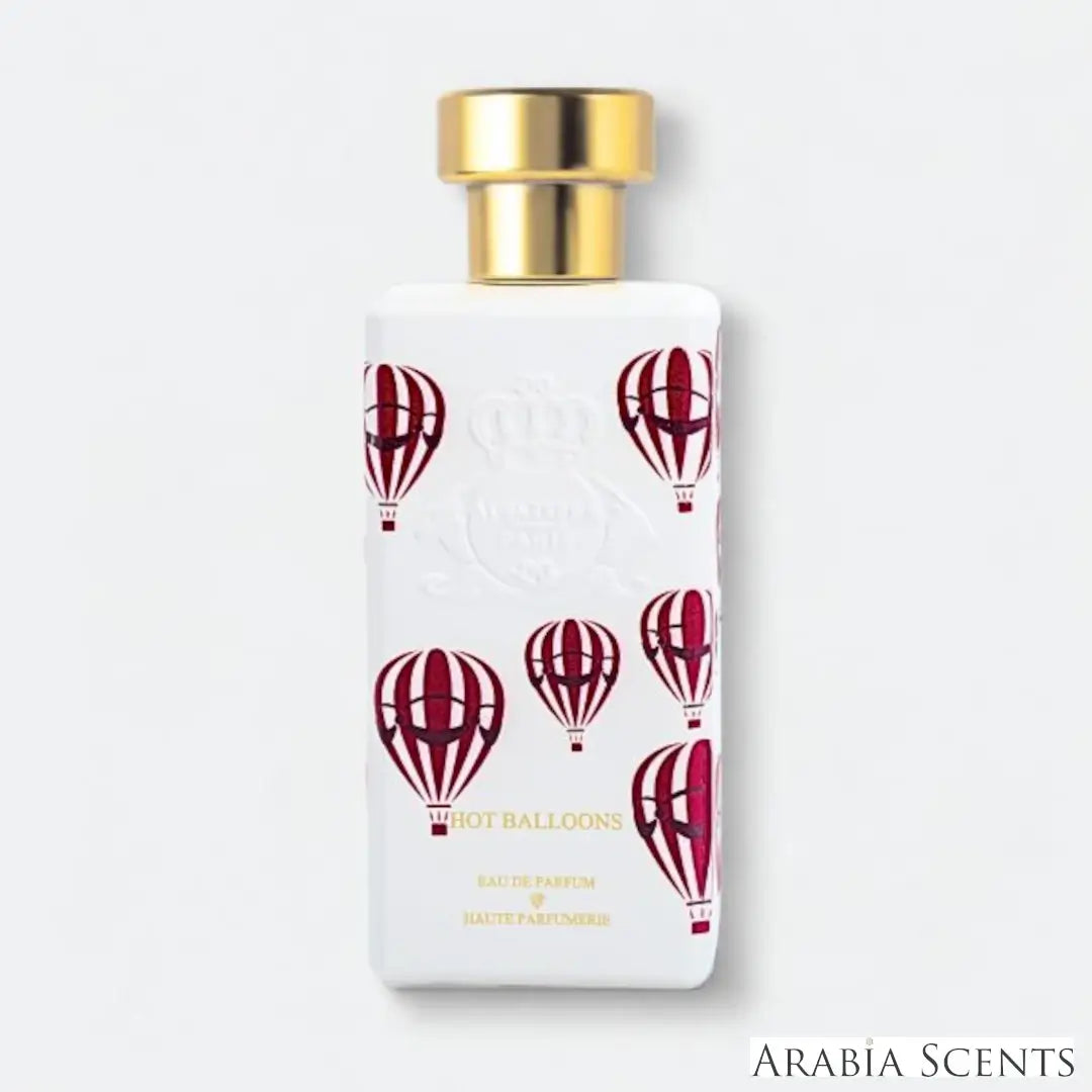 'Hot Balloons' perfume bottle on a white background with 'Al Jazeera' branding featured by 'Arabiascents'