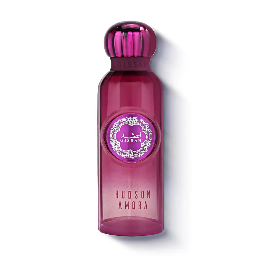 Pink perfume bottle with 'Hudson Amora' with Gissah branding on a white background