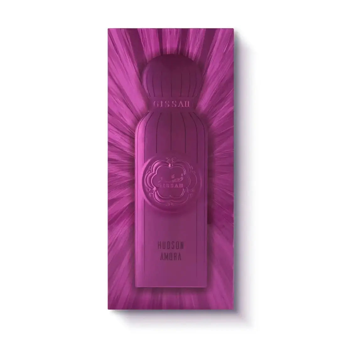 Purple packaging of a GISSAH 
'Hudson Amora' perfume on a white background
