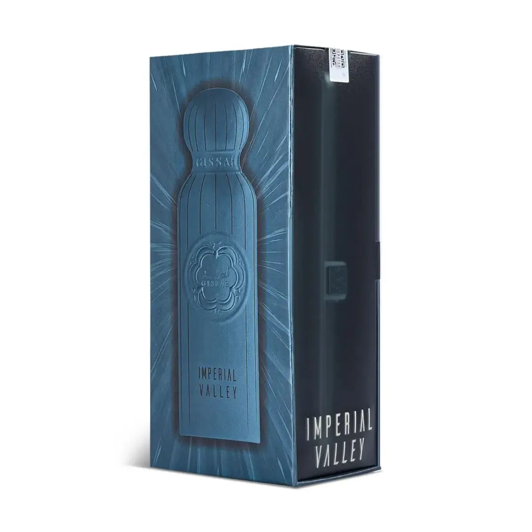 Blue packaging box with 'Imperial Valley' label on a white background branded by Gissah