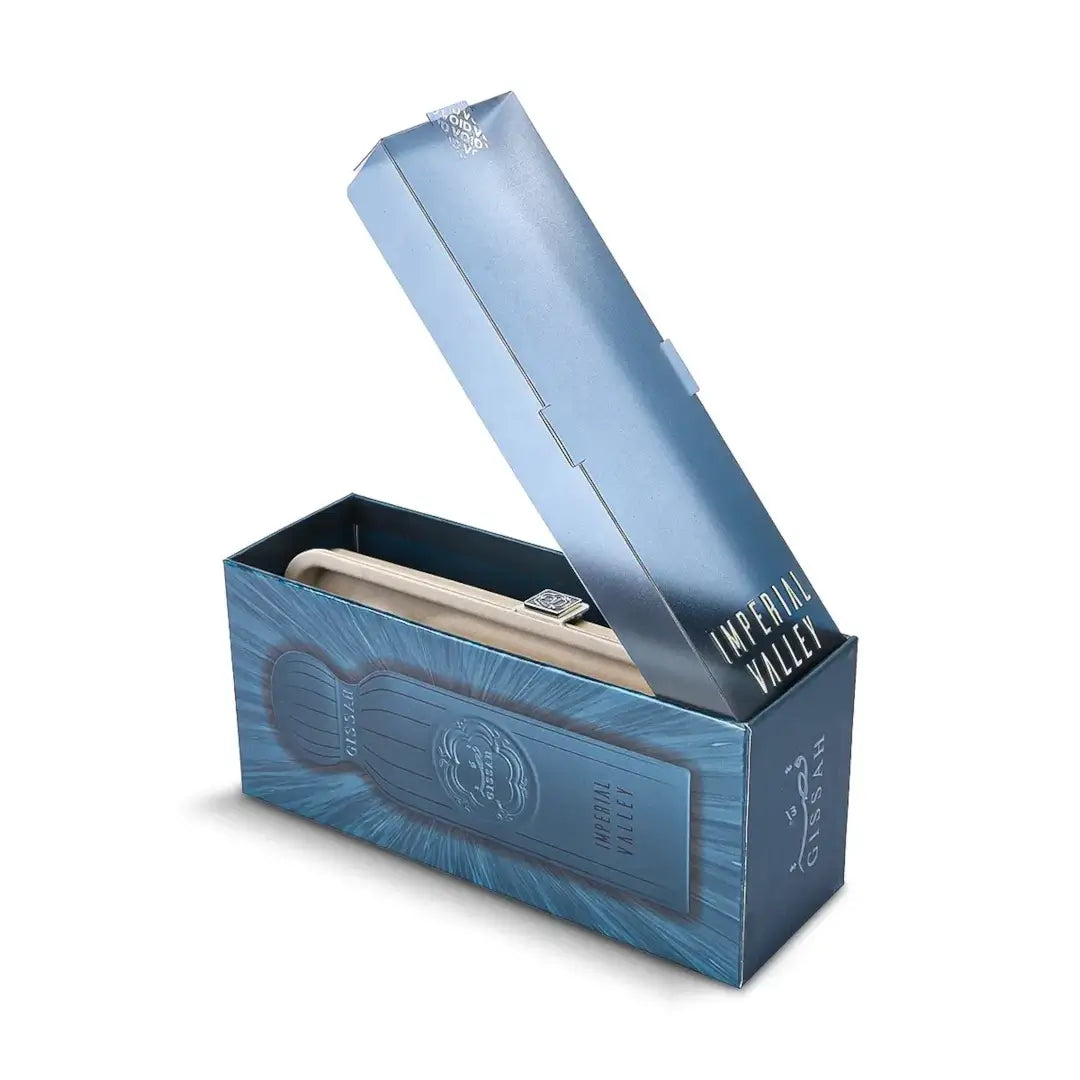 'Imperial Valley' Blue box with a packaging inside on a white background branded by Gissah