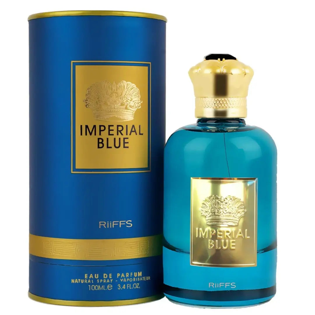 'Imperial Blue' perfume bottle and packaging in a white background with 'Riifs' branding