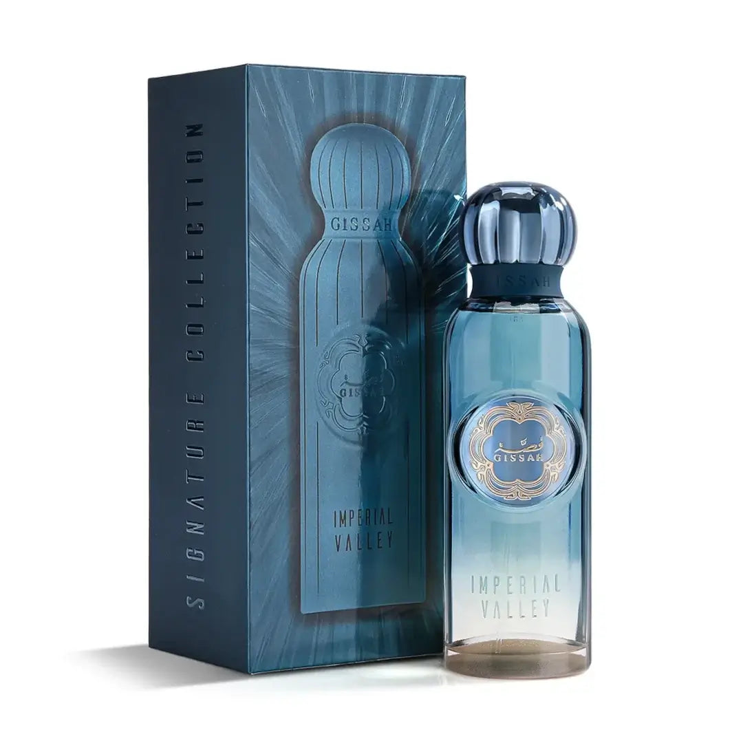 'Imperial Valley' perfume bottle and packaging on a white background by Gissah