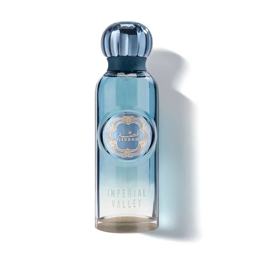'Imperial Valley' Blue perfume bottle with 'Gissah' branding on a white background