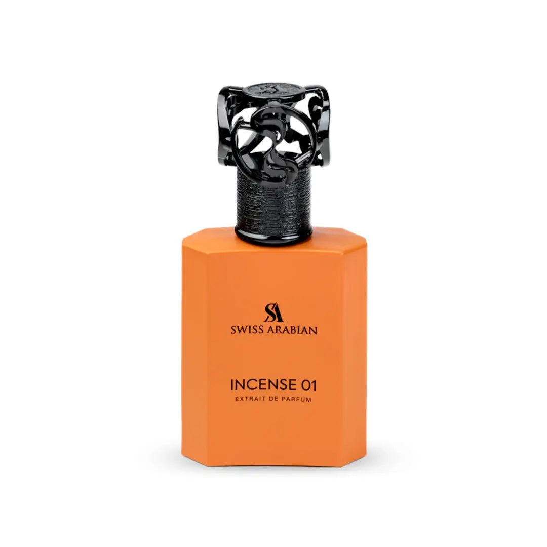 Incense 01 Orange perfume bottle with black cap on a white background, featuring Swiss Arabian branding