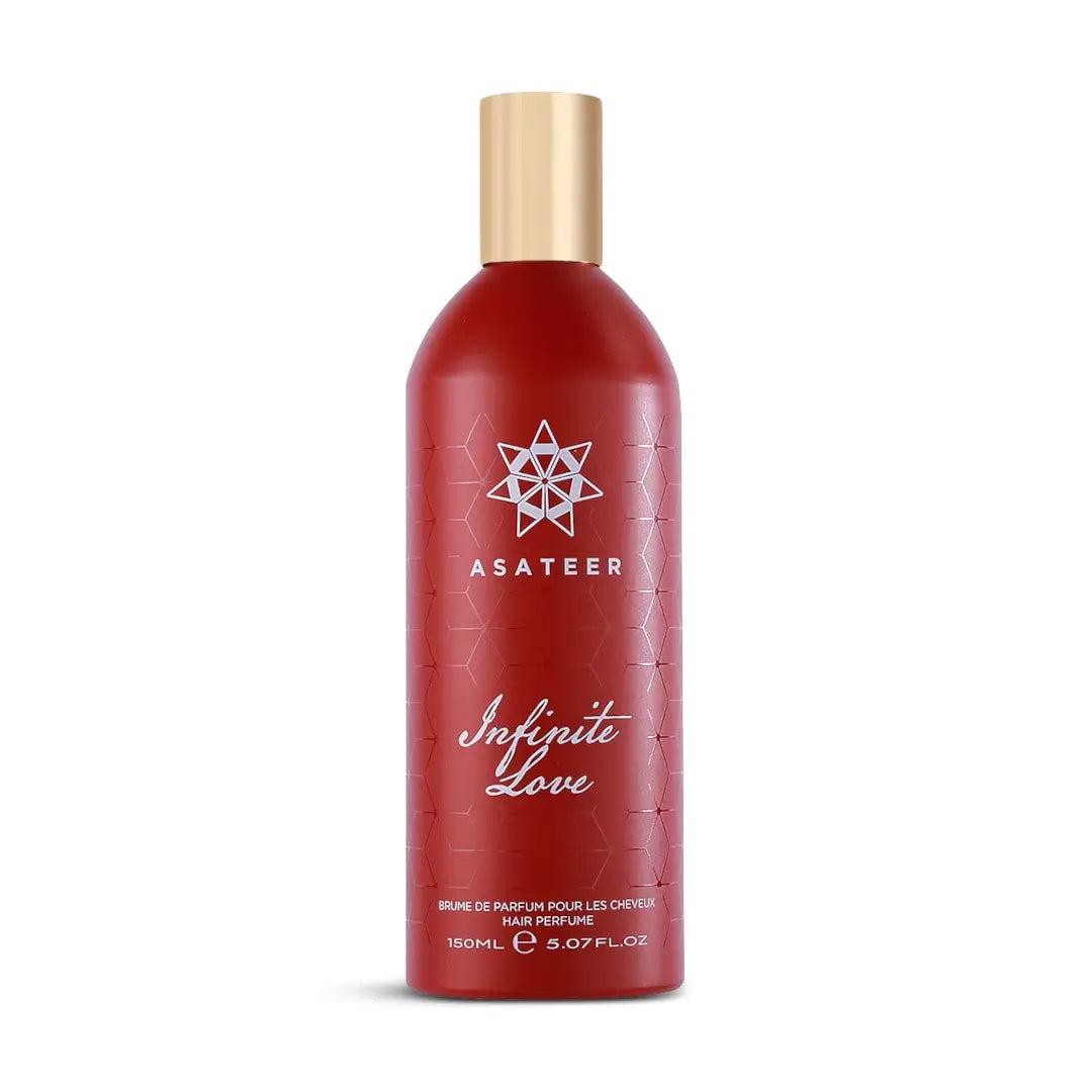 'Infinite Love' Hair Mist perfume bottle in a white background with 'Asateer' branding