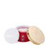 Red container of 'Infinite Love Scented Body Powder' with a gold lid on a white background branded Asateer