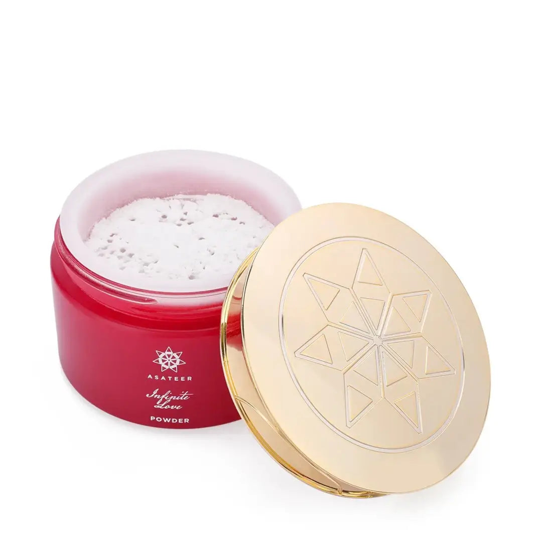 Red container of 'Infinite Love Scented Body Powder' with a gold lid on a white background branded Asateer